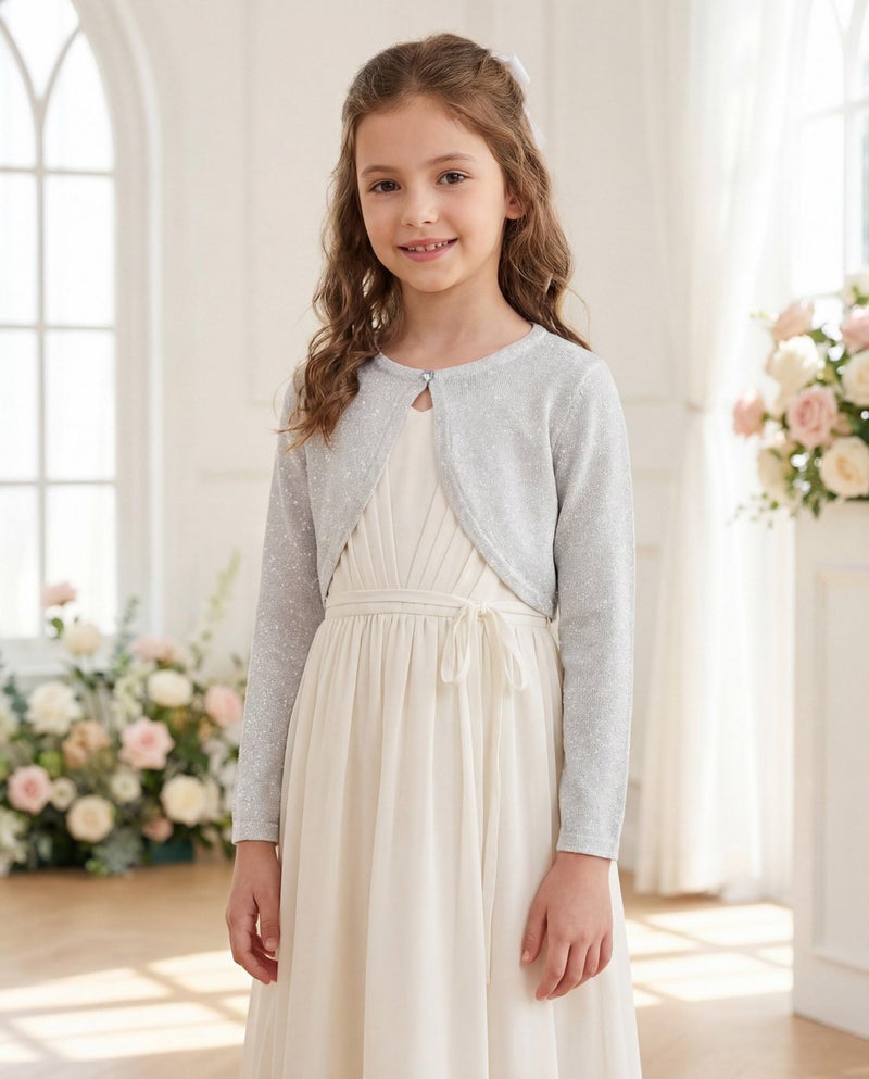 BOLEROSE كارديجان بوليروز للفتيات بأكمام طويلة مع لمسة لامعة (فضي فاتح، 5-6 سنوات) - Image 4